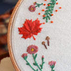 Détail de broderie d’automne avec feuille d’érable, asters et champignons dans un kit de broderie pour débutant