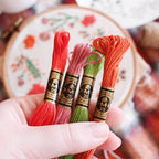 Palette de fils de broderie aux couleurs d’automne dans un kit de broderie pour débutant