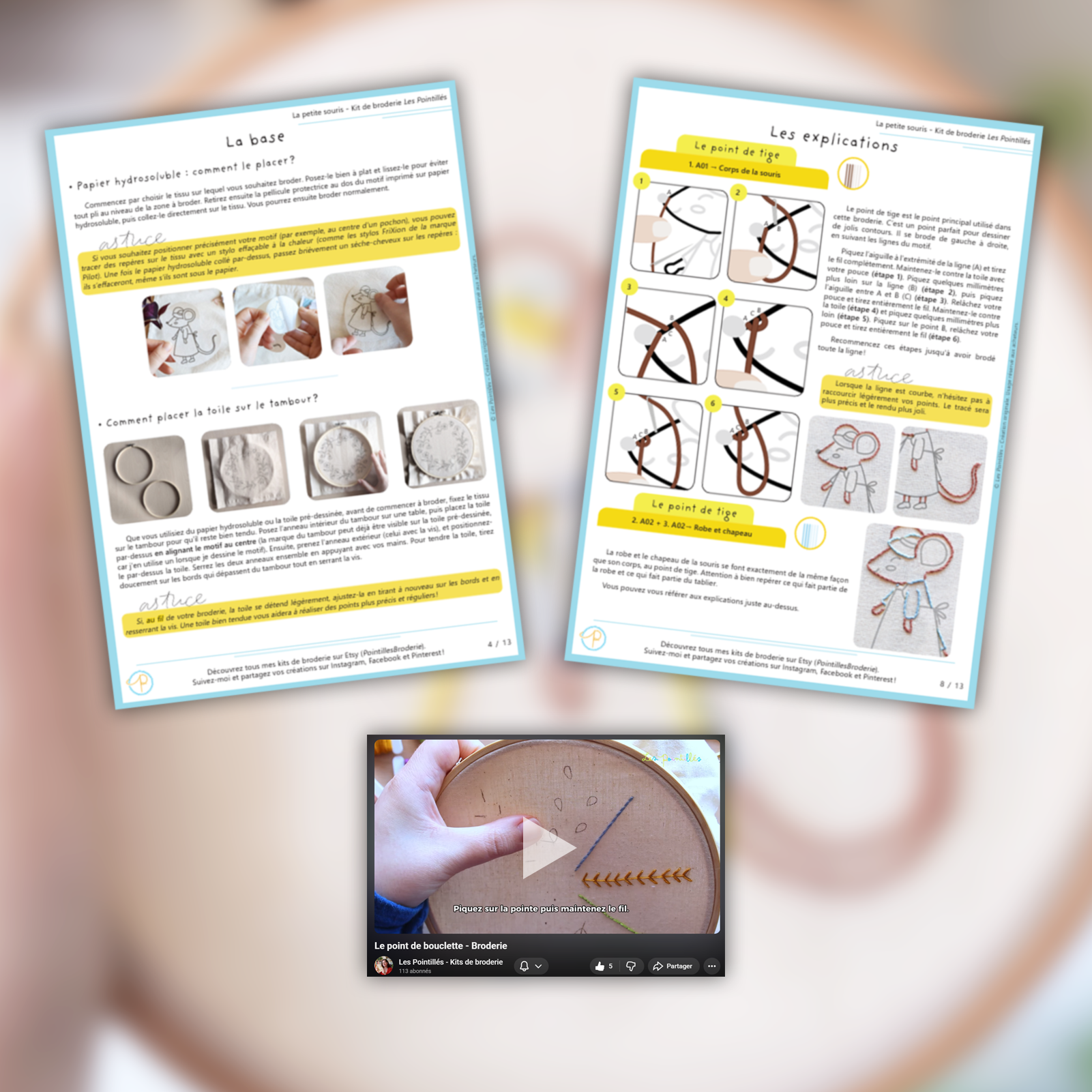 Kit de broderie débutant, petite souris, illustration enfant, guide explicatif